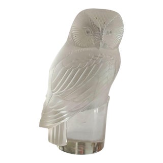 Vintage Lalique Crystal Owl Figurine-France Signed-Detailed Mold-Art Deco-Glass For Sale