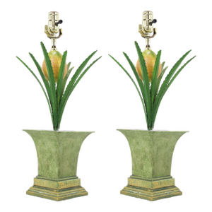 A Pair of Vintage Handmade Metal Pineapple Table Lamps With Flower Pots and Bases,