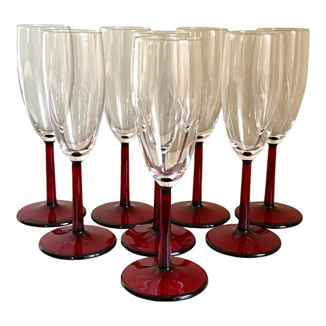 Ruby Red Stemmed Champagne Flutes - Set of 8 For Sale