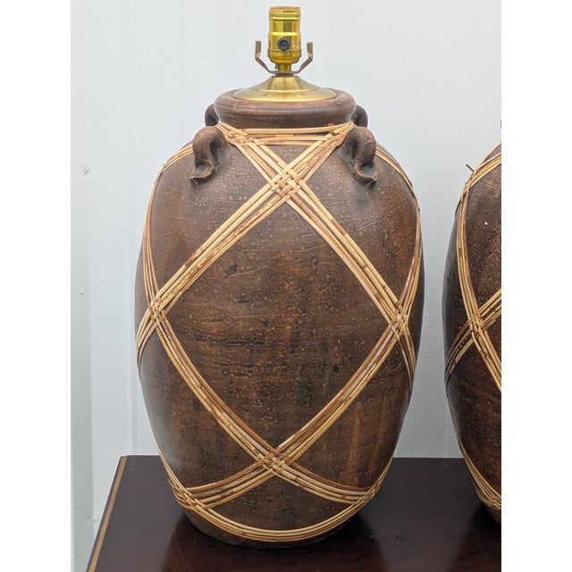 Vintage Pottery Vase Table Lamp With Woven Rattan Rope For Sale - Image 12 of 14