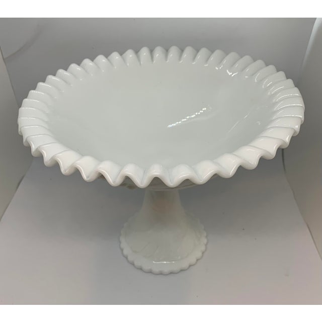 Mid Century Large Fenton Compote Decorative Dish. Ruffled edge with grape and leaf design on a pedestal base.