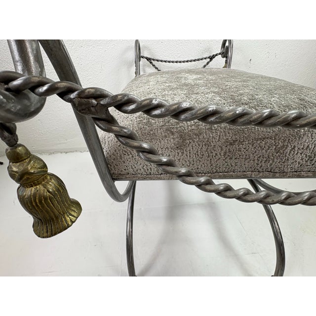 Silver Late 20th Century Hand Forged Iron and Brass Upholstered Bench For Sale - Image 8 of 11