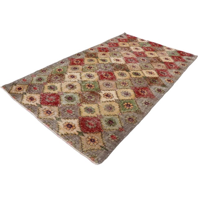 Distressed Vintage Turkish Sivas Rug with Romantic Shabby Chic Style 04'02 x 07'03. This hand-knotted wool distressed...