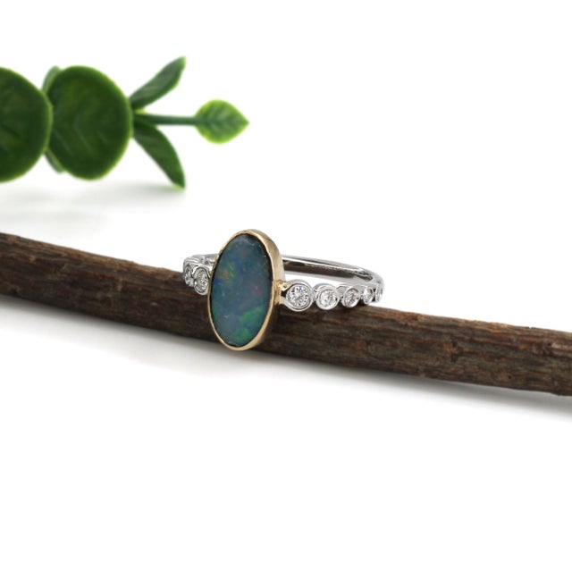 Contemporary 1ct, 11x7mm Australian Opal Ring W Natural Diamonds in 14k White and Yellow Gold For Sale - Image 3 of 7