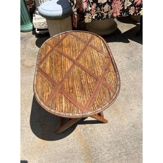 Boho Chic 1970s Small Oval Wicker and Wooden Fold Up Side Table For Sale - Image 3 of 5