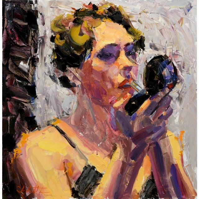 The painting captures a moment of introspection as a woman gazes into a compact mirror, her expression thoughtful and...