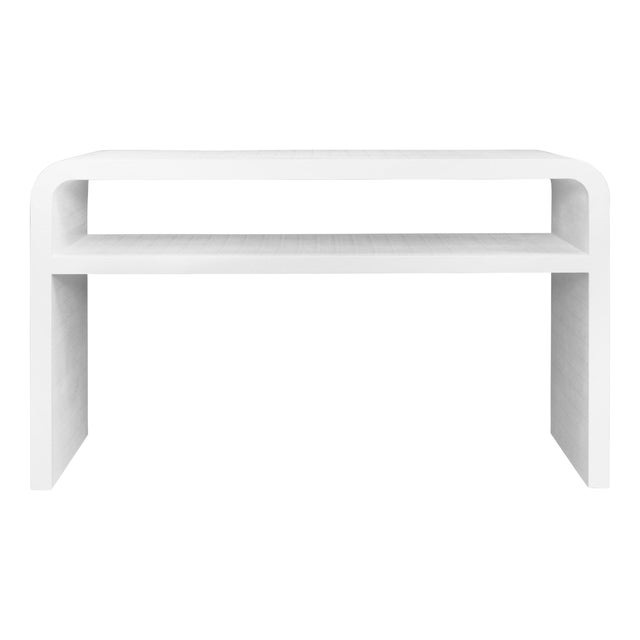 Matthew Izzo Home Marshall White Linen Waterfall Edge Two Tier Console Table For Sale