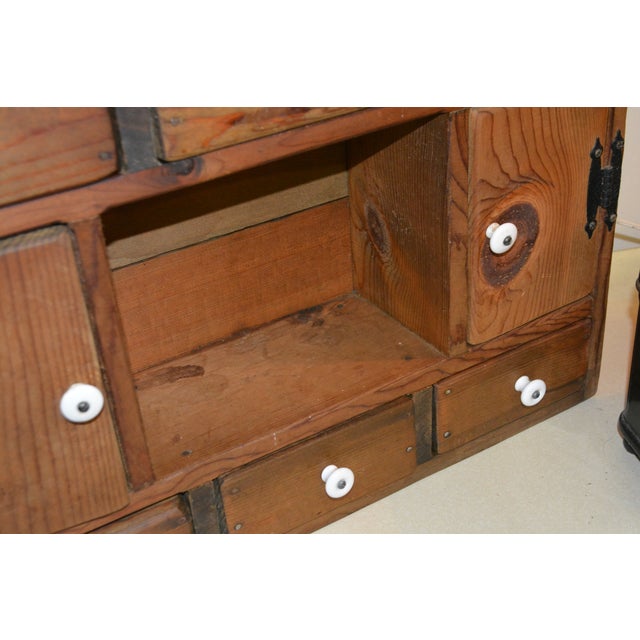 Chestnut VTG 1921 Furniture CoHandmade Wood Wall Cabinet W/Shelf 6 SML Drawers/2 Cupboards For Sale - Image 8 of 11
