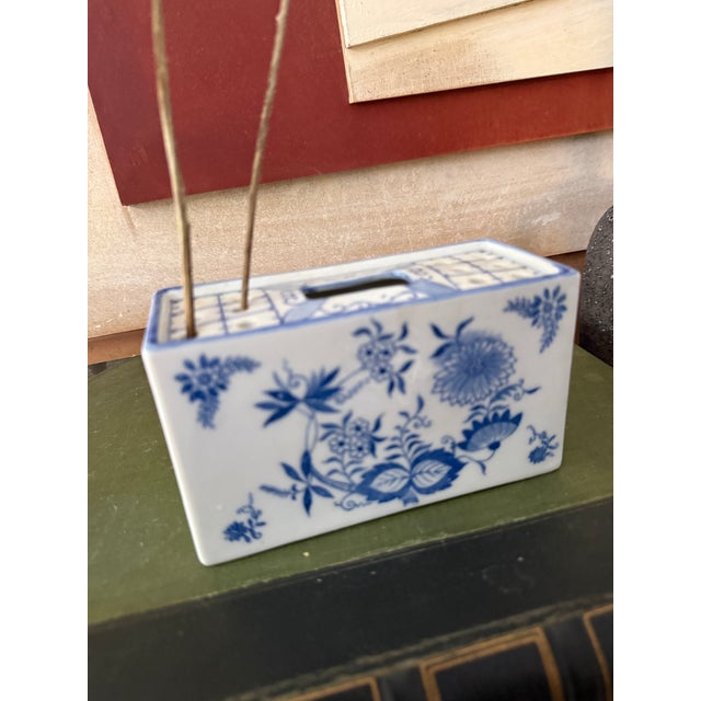 Vintage Blue and White Flower Frog Andrea by Sadek Japan Rectangular Floral Vase For Sale - Image 4 of 12