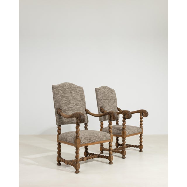 Pair of Oak Castle Upholstered Armchairs, Antique, France, 19th Century For Sale In Greensboro - Image 6 of 14