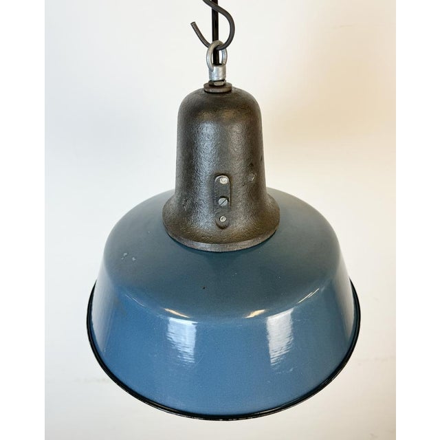 Blue Industrial Blue Enamel Factory Lamp with Cast Iron Top, 1960s For Sale - Image 8 of 18