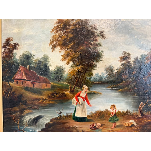 Mid 20th Century Signed European Oil Painting Mid Century Genre Landscape Cottage Scene For Sale - Image 10 of 13