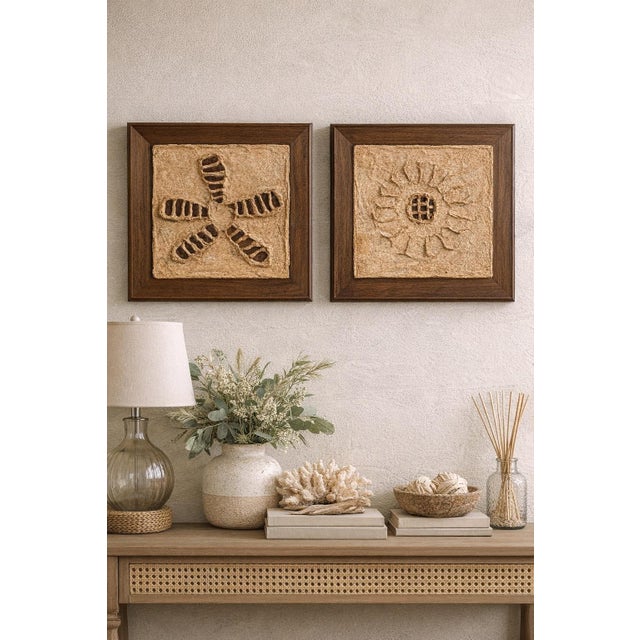 Pair of Vintage Textural Wall Panels – Organic Modern Framed Relief Art, Coastal Neutral Decor (16") A striking pair of...