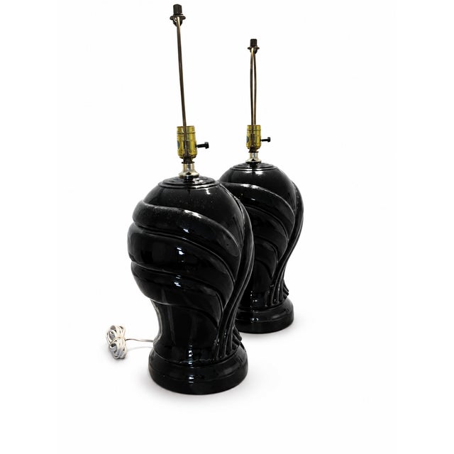 Vintage 1980s Postmodern Black Glazed Ceramic Table Lamps — Pair For Sale - Image 9 of 9