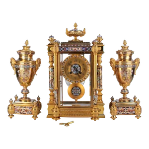 Late 19th Century French Gilt Bronze/Ormolu Cloisonné Champlevé Enameled Mantle Clock Garniture Set by Japy Frères- Set of 3