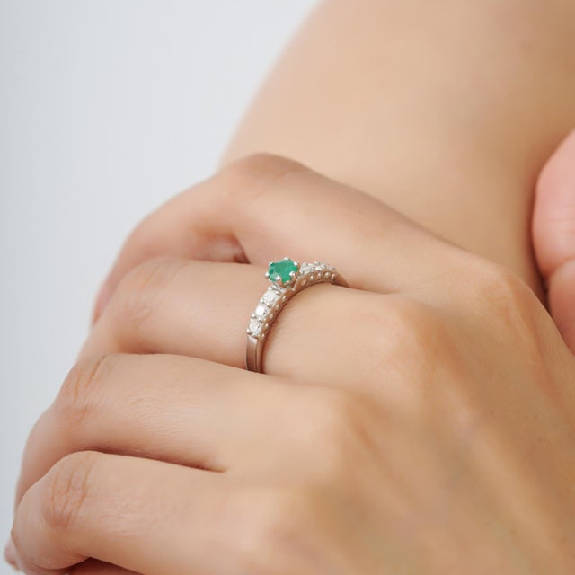 Contemporary 6 Prong Set 0.32 Ct Natural Emerald Ring and Pave Diamonds Size 7 For Sale - Image 9 of 12