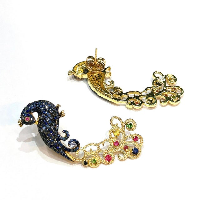 Bochic "Orient" Vintage Sapphire & Multi Gem Peacock Earrings 18K Gold & Silver For Sale - Image 13 of 18