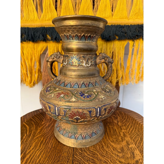 Japanese Bronze Champlevé Enameled Handled Vase For Sale - Image 3 of 8
