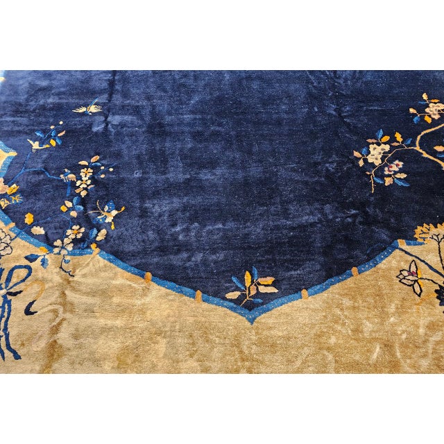 Antique Art Deco Chinese Oversized Rug, Handwoven Wool, Cranes & Butterflies Design, Navy & Tan, 14' X 19' For Sale - Image 13 of 17