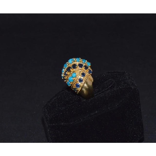 Early 21st Century Estate Natural Sapphire Turquoise 18k Solid Gold Cocktail Domed Ring, Size 6.25 For Sale - Image 5 of 10