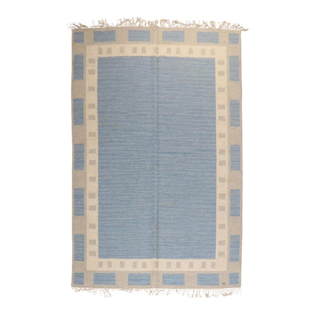 Zabihi Collection Abstract Swedish Kilim Signed by MA For Sale