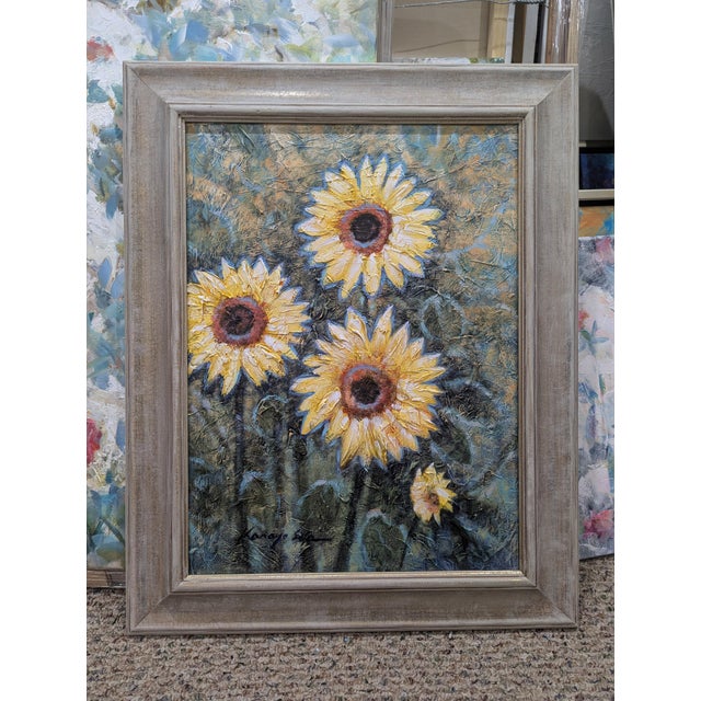 Contemporary Mid - Sized Framed Textured Sunflower Painting on Canvas For Sale - Image 3 of 5