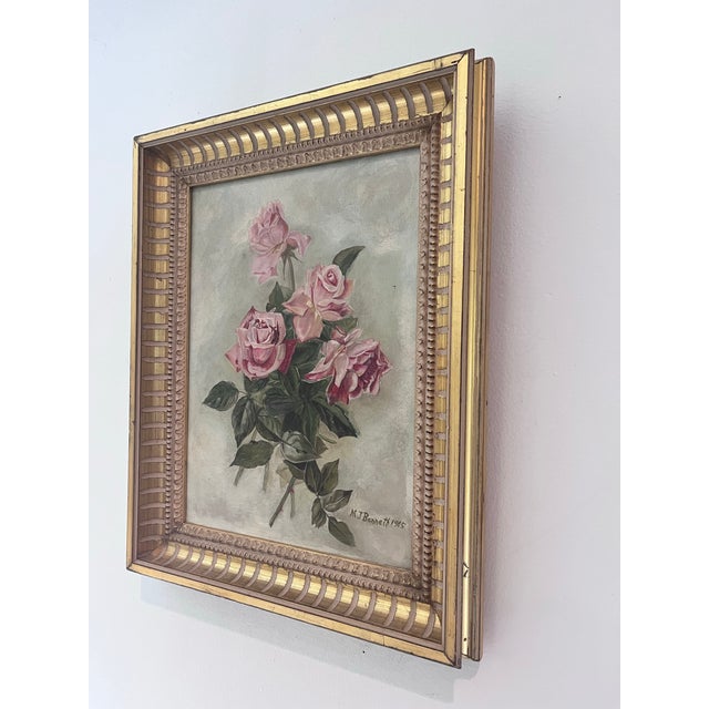 Antique Style Signed Floral Oil Painting of Pink Roses by M. J. Bennett, Dated 1905 For Sale - Image 4 of 8