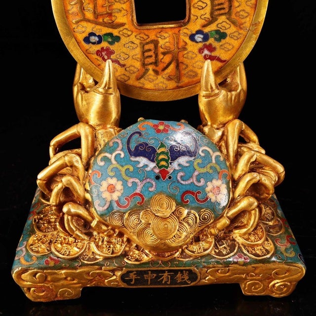 Vintage Cloisonne Enamel Crab & Coin Sculpture – 9.8" Auspicious Wealth Figure For Sale In Los Angeles - Image 6 of 9