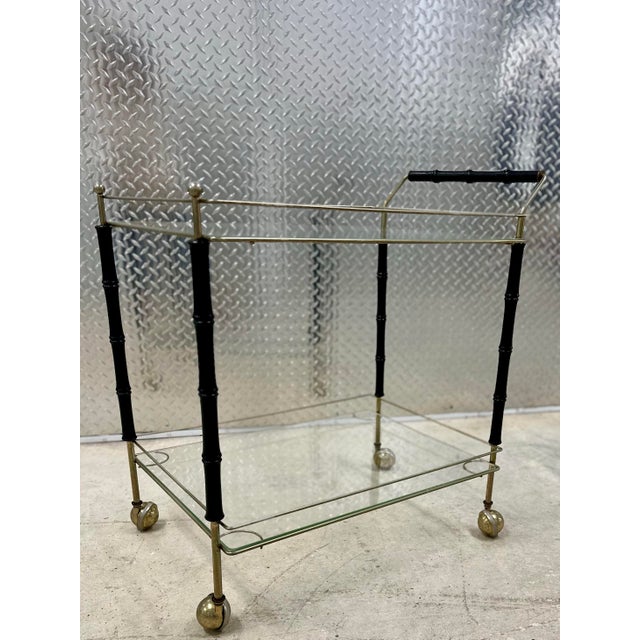 Brass Mid-Century Hollywood Regency Faux Bamboo and Brass Two-Tier Drinks Trolley. For Sale - Image 8 of 12