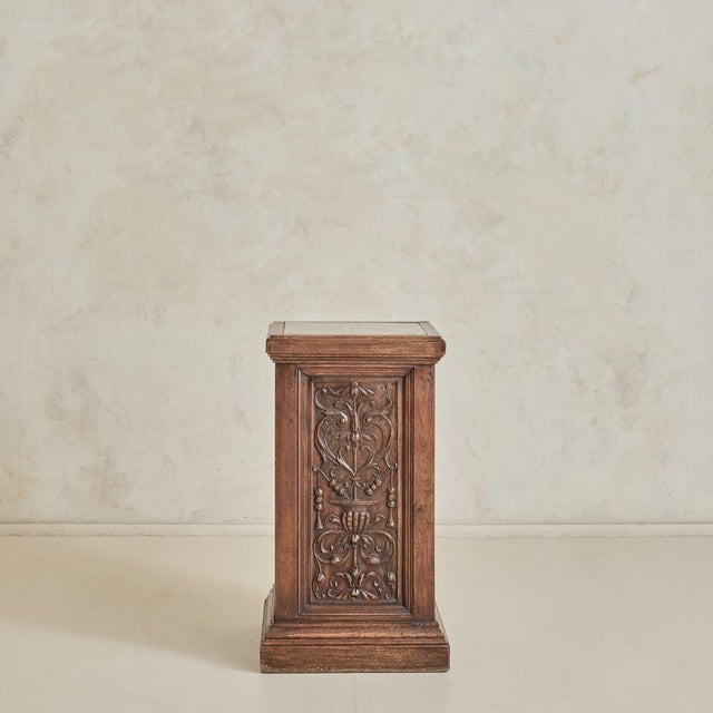 Antique French Carved Oak + Marble Top Pedestal For Sale - Image 4 of 11