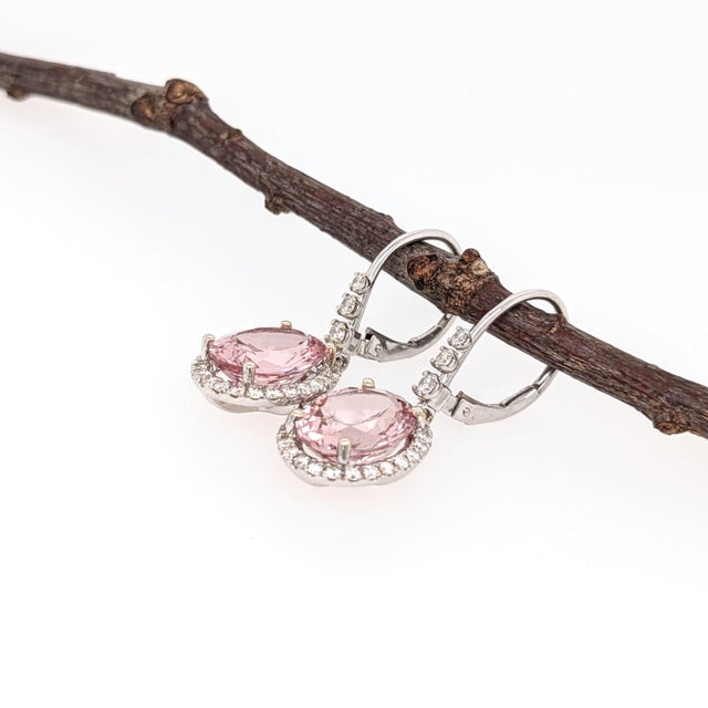 2020s 2.5Ct Morganite Diamond Drop Earrings: Solid 14k White Gold, Oval 8x6mm, Pair For Sale - Image 5 of 7