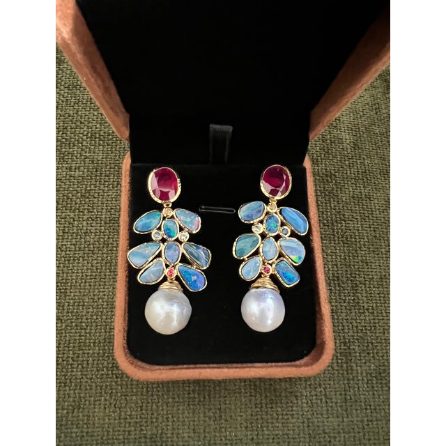 Gemstone Bochic "Orient" Vintage Ruby, Opal & Sapphires Earrings Set 18K Gold & Silver For Sale - Image 7 of 18