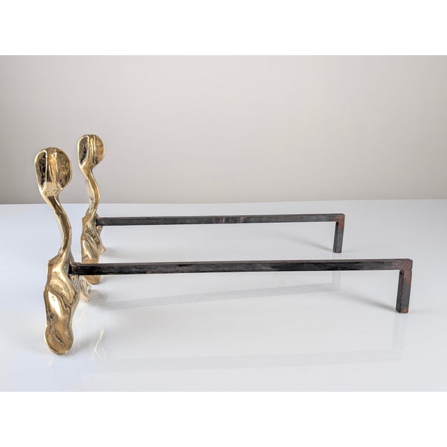 Gold Brutalist Sculptural Bronze Andirons, 1970s, Set of 2 For Sale - Image 8 of 15