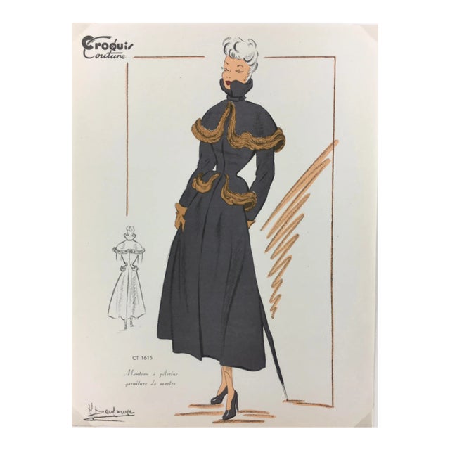 1940s French Fashion Sketch of Pelerine Sable Trim Coat For Sale