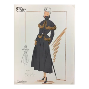 1940s French Fashion Sketch of Pelerine Sable Trim Coat