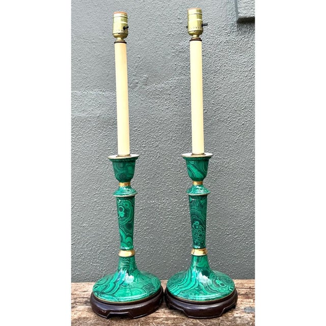 Green Vintage Green Lacquered Candlestick Table Lamps - Pair For Sale - Image 8 of 12
