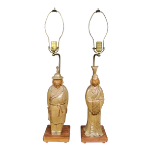 Chinese Pine & Mahogany Carved Lamps