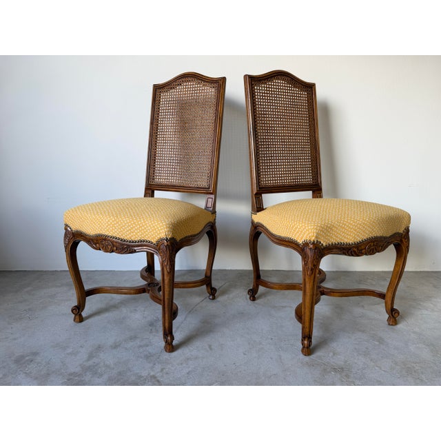 French Vintage French Gilles Nouailhac Louis XV–Style Carved Wood & Cane Back Dining / Accent Chairs – Pair For Sale - Image 3 of 12