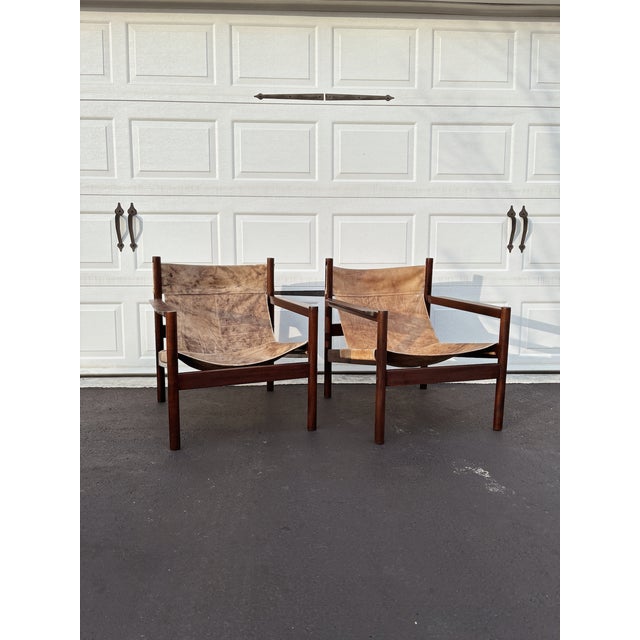 Mid-Century Modern 1960s Michel Arnoult Roxinho Leather Safari Chairs - Set of 2 For Sale - Image 3 of 6