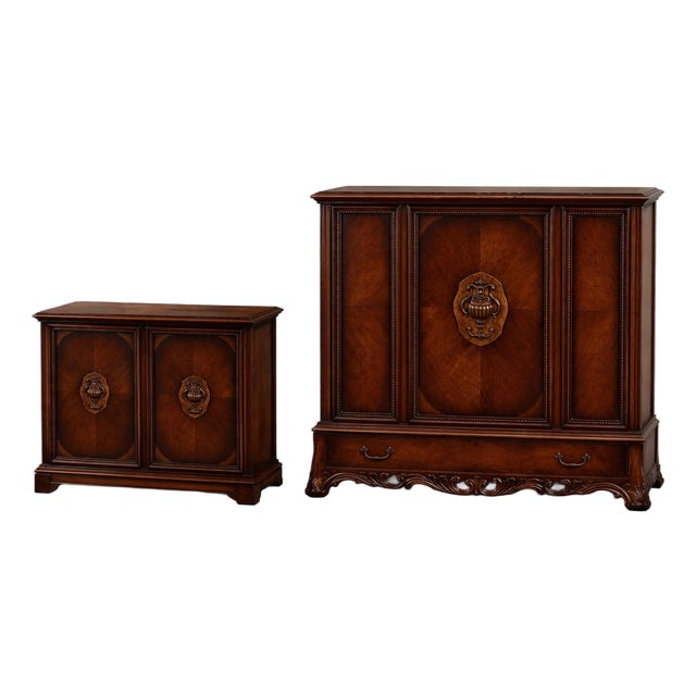 Pair of Vintage Baker Mahogany Cabinets – Neoclassical Sideboard & Entry Console With Carved Urn Motifs For Sale
