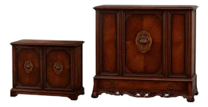 Pair of Vintage Baker Mahogany Cabinets – Neoclassical Sideboard & Entry Console With Carved Urn Motifs