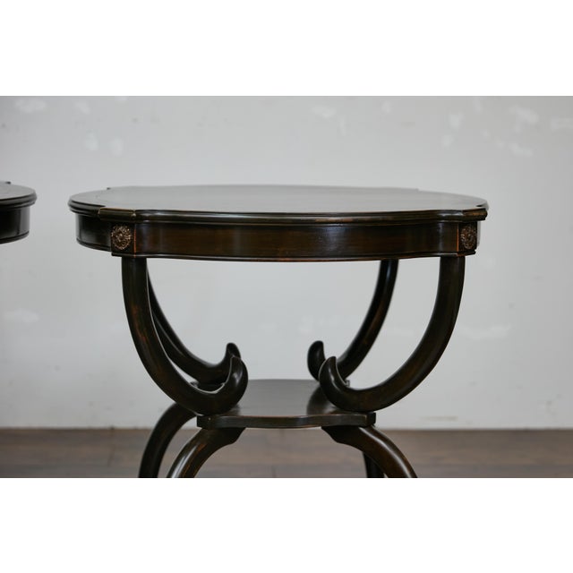 English Midcentury Period Dark Lacquered Side Tables with Neoclassical Accents For Sale In Atlanta - Image 6 of 12