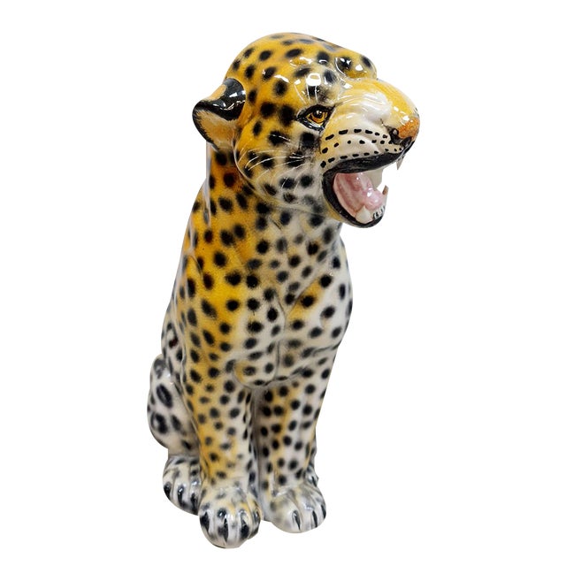 Vintage Italian Handmade Ceramic Leopard Cheetah Sculpture For Sale
