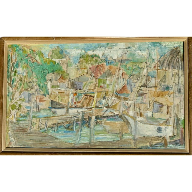 1950s Vintage Boat Harbor Marina Painting Helen Silesky 1959 Boats in Florida Marina Cubist Mid Century Modern For Sale - Image 5 of 12
