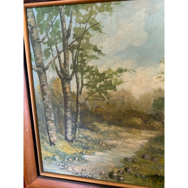 A serene signed landscape painting depicting the tranquil beauty of Patagonia, featuring a gentle stream winding through a...