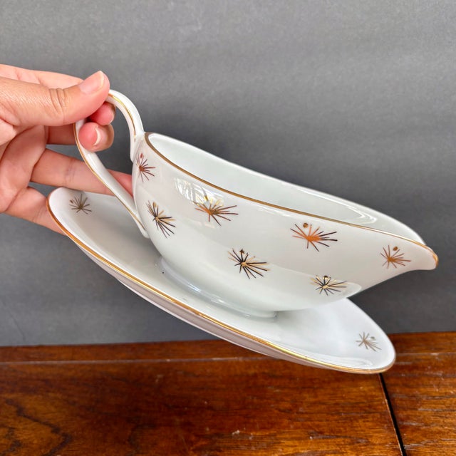Antique porcelain gravy boat with attached underplate by Oscar Schaller Bavaria, Germany, produced between 1910 and 1935....