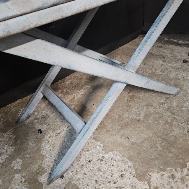 Mid 20th Century Pair of Blue Painted Single Drawer X Frame Side Tables With Blue Accent Line on Top For Sale - Image 13 of 15