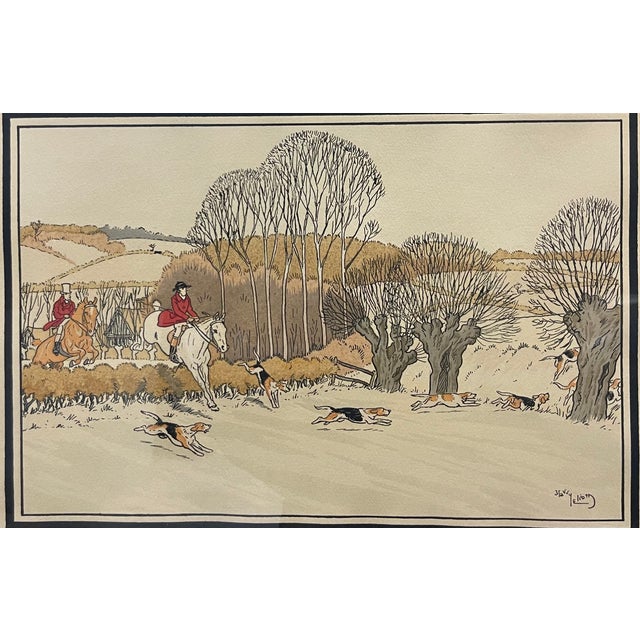 A pair of beautifully charming prints by artist and illustrator Harry Eliott depicting two versions of a hunting scene....
