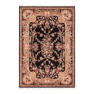 Art Nouveau 1990's Floral Pak-Persian Black/Taupe Wool Rug - 6'0'' X 9'0'' For Sale
