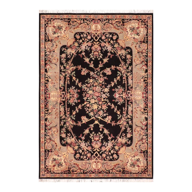 Art Nouveau 1990's Floral Pak-Persian Black/Taupe Wool Rug - 6'0'' X 9'0'' For Sale